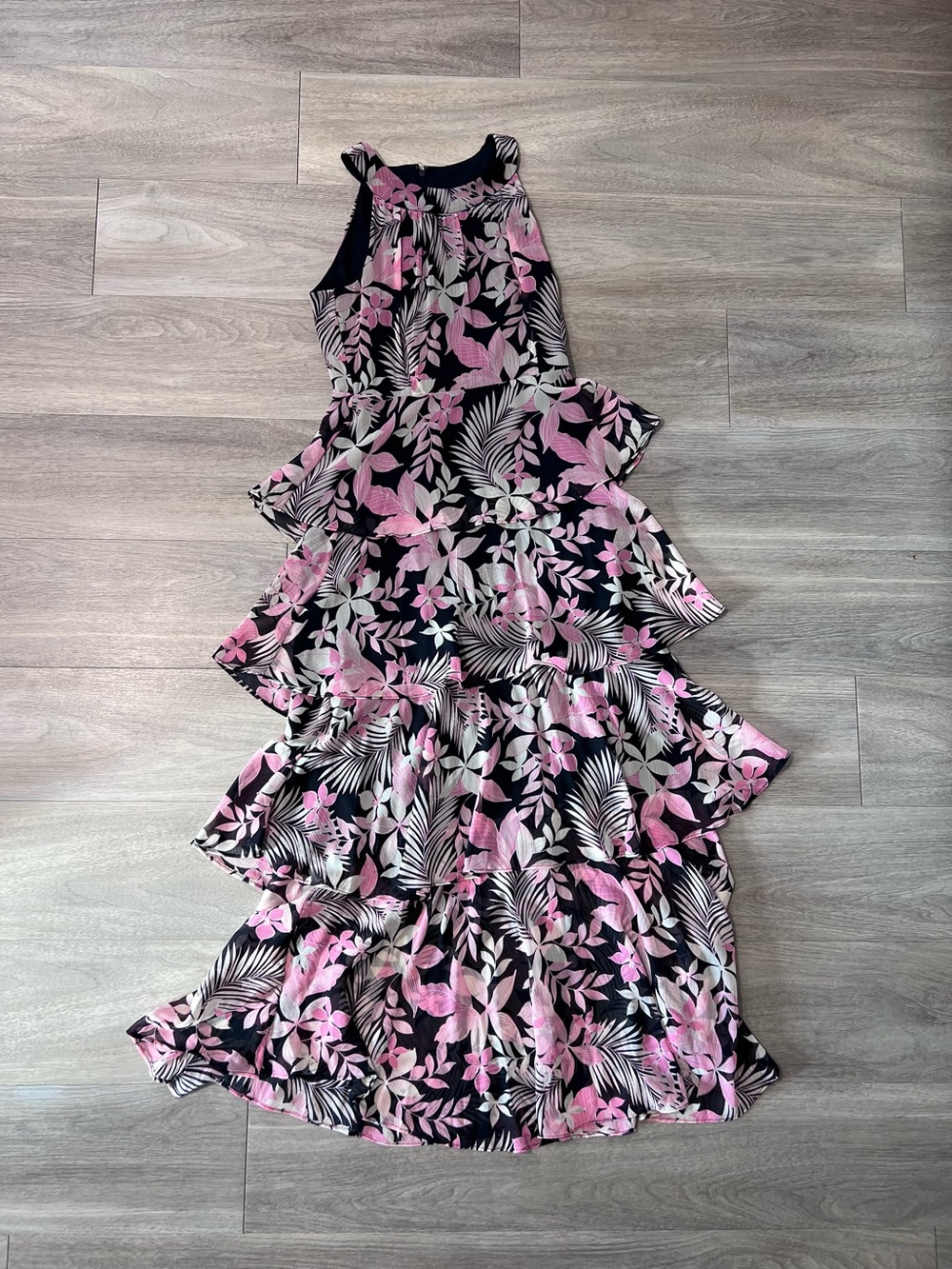 Tommy Hilfiger Pink and Black Tiered Floral High-Low Dress